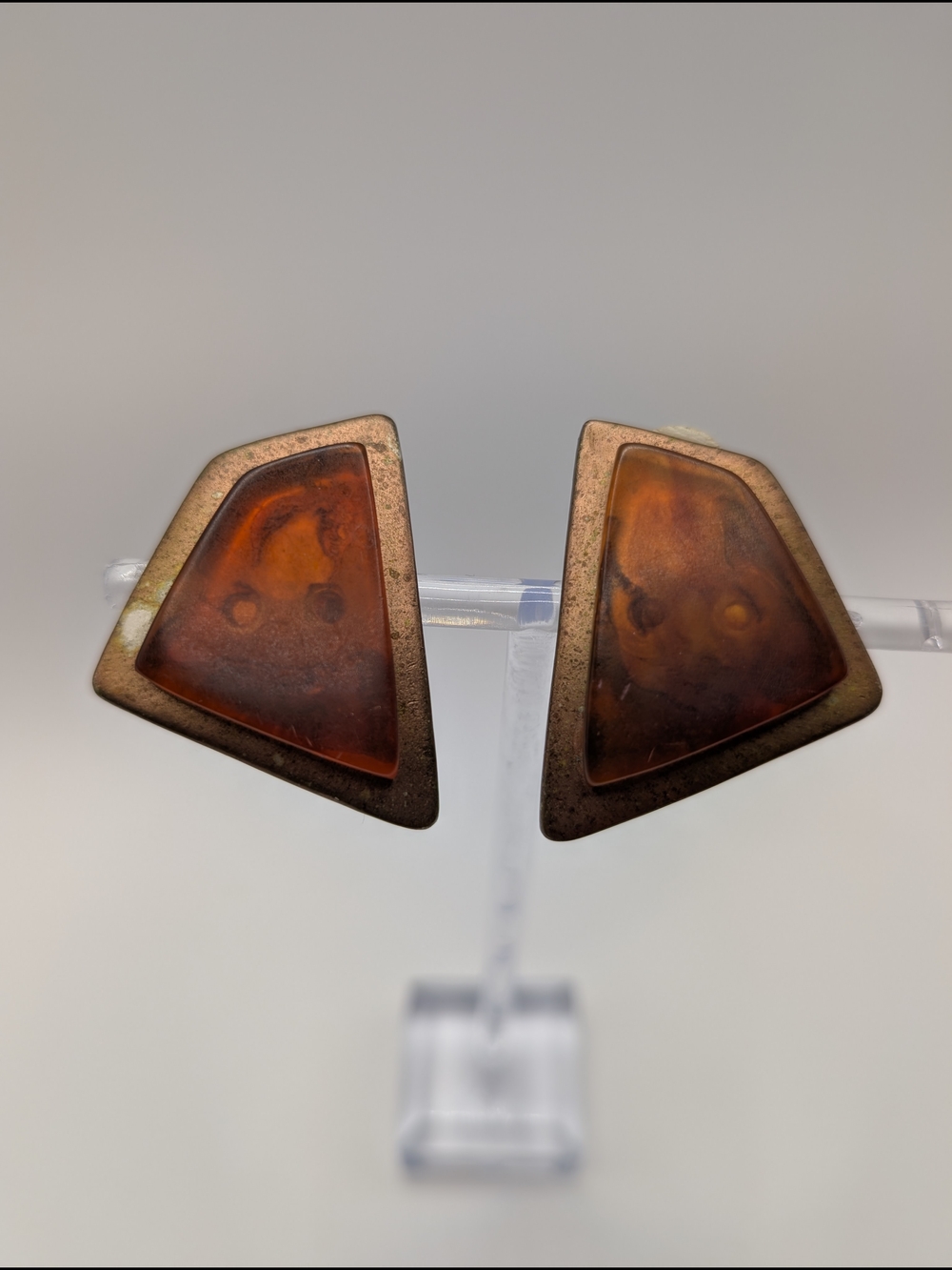 Vintage Norma Jean Amber Geometric Clip On Earrings Copper Tone Signed 1980s